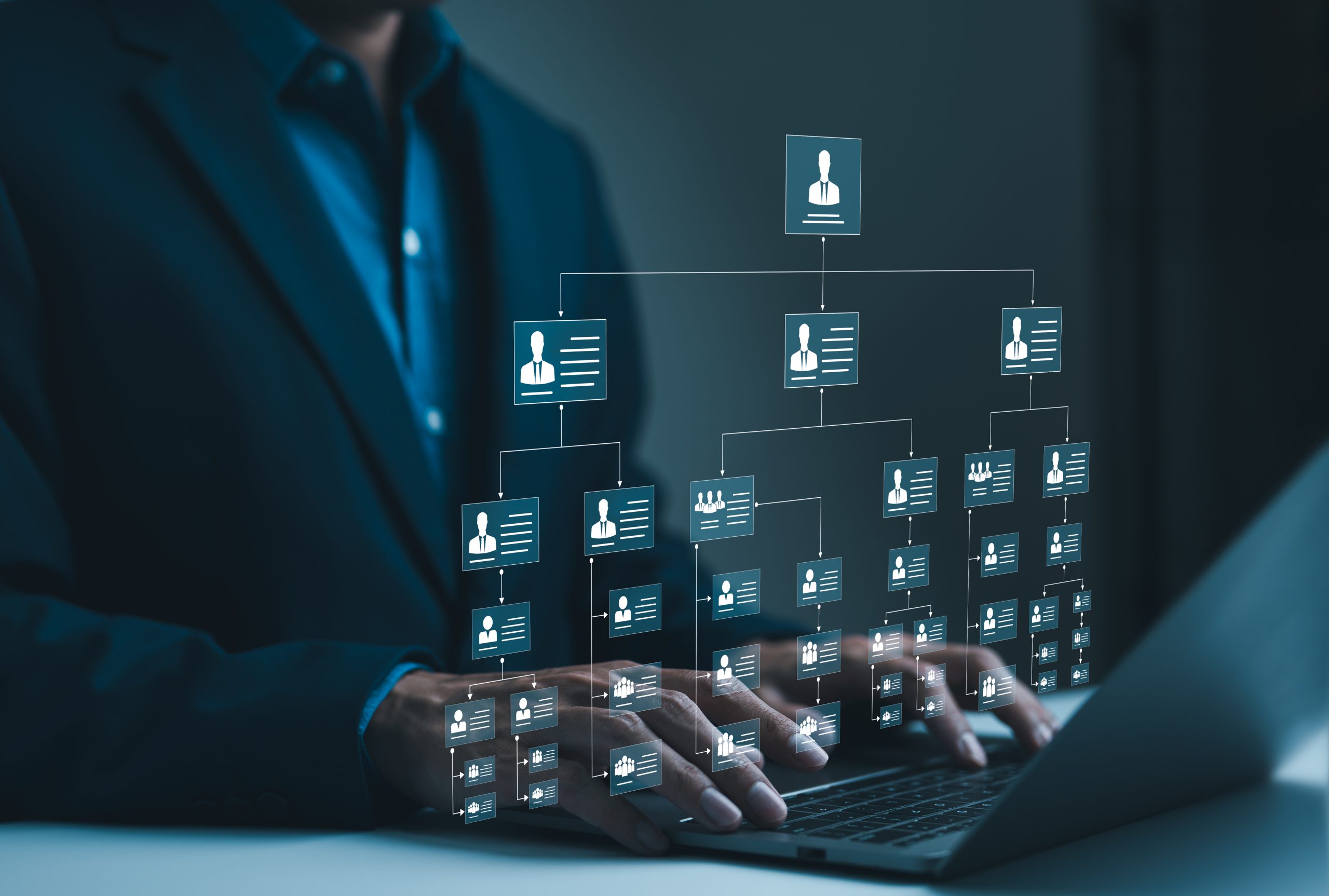 Mastering Hierarchies: Graphs, DAGs and BI, Oh My! (Part 3 of 5) | Organization chart and hierarchy structure employees in the company with departments in business. Working process and workflow automation with flowchart. Employee information, mindmap or organigram,