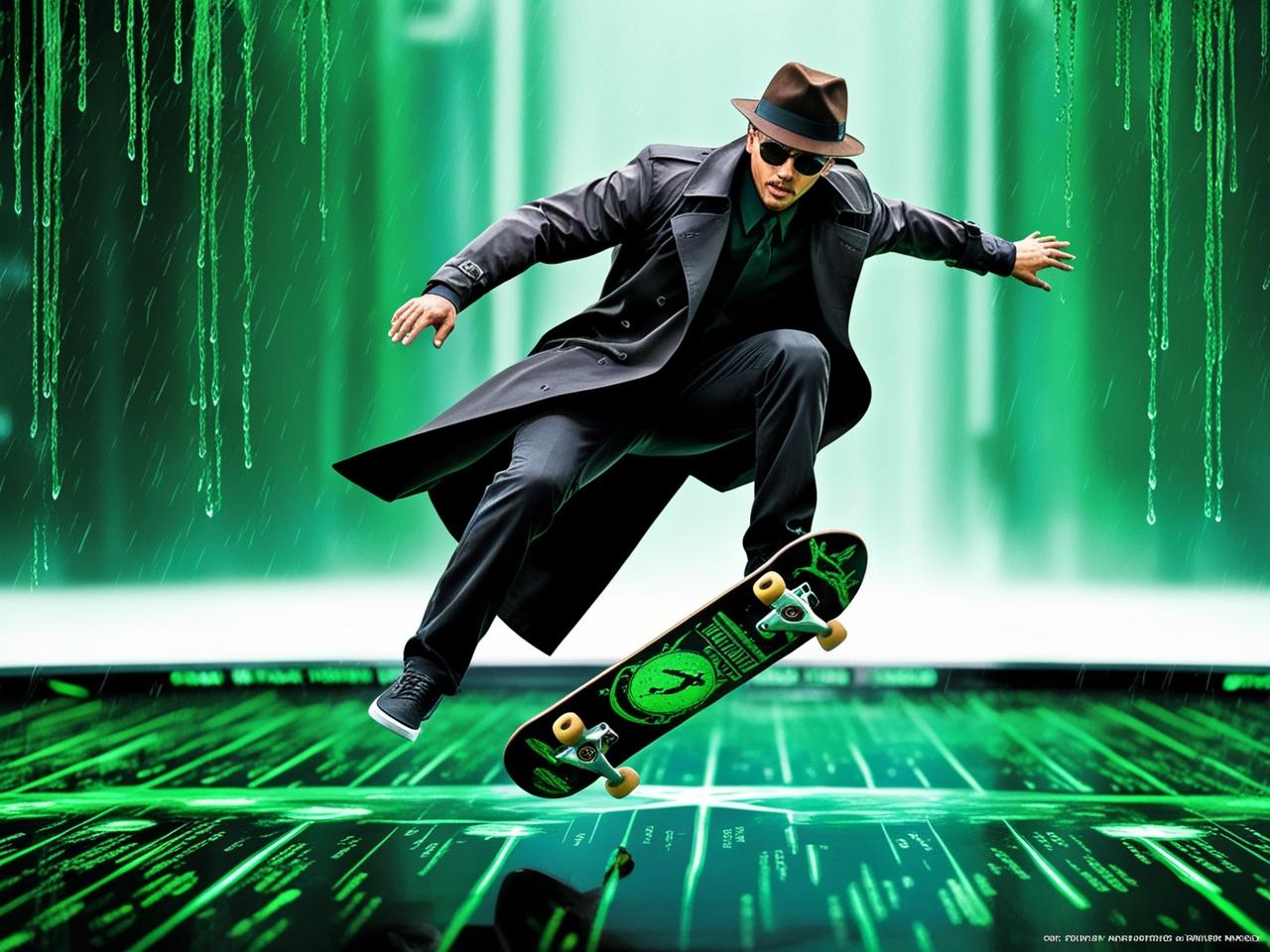 Into the Matrix: Mastering Conditional Formatting in Power BI | man in long trenchcoat, sunglasses, and fedora doing a kickflip on a skateboard through a matrix table in the style of the matrix film