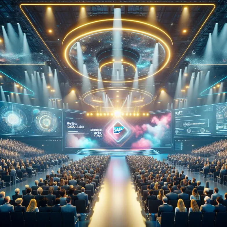A crowd watching an SAP presentation in a theater
